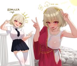 1girl armpits arms_up black_necktie black_skirt blonde_hair blush breasts collarbone double_v english_text fang from_above greco-roman_clothes highres large_breasts laurel_crown looking_at_viewer mockingeu multiple_views necktie open_mouth original pink_eyes pleated_skirt shirt short_hair short_sleeves skirt smile standing sun thighhighs v white_shirt white_thighhighs