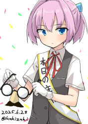 1girl blue_eyes collared_shirt dated dress_shirt glasses grey_vest groucho_glasses holding holding_removed_eyewear kakizaki_(chou_neji) kantai_collection neck_ribbon one-hour_drawing_challenge pink_hair ponytail red_ribbon ribbon sash shiranui_(kancolle) shirt short_hair shoulder_sash solo twitter_username unworn_eyewear upper_body vest white_background white_shirt