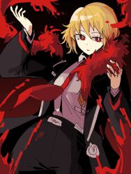 1girl black_background black_coat blonde_hair blood coat collared_shirt don_quixote_(project_moon) feather_boa gree_n limbus_company long_sleeves looking_at_viewer necktie parted_bangs project_moon red_eyes red_necktie sancho_(project_moon) shirt short_hair simple_background solo standing upper_body white_shirt