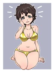 Rule 34 | 1girl, akiyama yoshiko, barefoot, bikini, breasts, brown hair, collarbone, curly hair, girls und panzer, gold bikini, golden week, golden week bikini, grey background, grey eyes, groin, hand on ground, mature female, nail polish, navel, open mouth, pink nails, short hair, simple background, sitting, sitting on lap, sitting on person, swimsuit, takahashi kurage