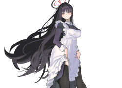 1girl absurdres alternate_costume apron black_dress black_hair black_thighhighs blue_archive blush breasts dress enmaided freeman_(tkuh4475) halo highres large_breasts long_hair long_sleeves looking_at_viewer maid red_eyes rio_(blue_archive) simple_background solo tagme thigh_strap thighhighs very_long_hair white_apron white_background