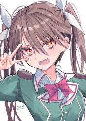 1girl absurdres blush bow bowtie breasts brown_eyes brown_hair green_jacket hair_between_eyes hair_ribbon highres hizaka jacket kantai_collection long_hair looking_at_viewer military_uniform open_mouth red_bow red_bowtie ribbon small_breasts smile solo tone_(kancolle) tone_kai_ni_(kancolle) twintails upper_body v white_ribbon