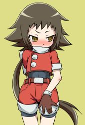 Rule 34 | 1girl, belt, bike shorts, bike shorts under shorts, blush, brown gloves, brown hair, cosplay, covered navel, cropped jacket, gloves, jacket, long hair, mega man (series), mega man legends (series), mikakunin de shinkoukei, mitsumine mashiro, muu (mumumer), ponytail, red jacket, red shorts, roll caskett (mega man), short sleeves, shorts, simple background, solo, spandex, yellow eyes