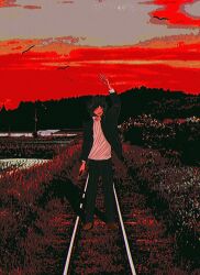 Rule 34 | 1boy, arm up, black hair, boxcutter, closed eyes, commentary request, facing viewer, gakuran, highres, holding, holding boxcutter, jacket, male focus, on railroad tracks, open clothes, open jacket, outdoors, railroad tracks, randal&#039;s friends, school uniform, shirt, short hair, simple bird, solo, standing, tsukada satoru, uri ka55, waving, wide shot