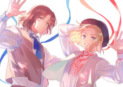 2boys axis_powers_hetalia blonde_hair blue_eyes blush brown_hair collared_shirt hat lithuania_(hetalia) long_sleeves looking_at_viewer male_focus multiple_boys open_clothes open_vest poland_(hetalia) shirt short_hair smile upper_body vest vvvrsi3636 white_background white_shirt