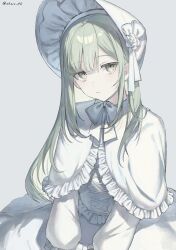 1girl :/ animate_(company) animate_cafe bang_dream! bang_dream!_it&#039;s_mygo!!!!! blunt_bangs bonnet capelet chin_strap cho_k_(choco_tcl) cowboy_shot cross-laced_clothes cross-laced_dress dress flower flower_hat frilled_capelet frilled_dress frills green_eyes green_hair hashtag-only_commentary hat hat_ribbon highres long_hair long_sleeves looking_to_the_side official_alternate_costume puffy_long_sleeves puffy_sleeves ribbon sidelocks sideways_glance simple_background solo twitter_username v_arms wakaba_mutsumi white_background white_bonnet white_capelet white_flower white_ribbon