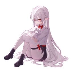 absurdres arknights artist_request black_boots black_skirt boots hair_between_eyes highres long_hair looking_at_viewer pantyhose pointy_ears red_eyes red_ribbon ribbon shirt simple_background skirt warfarin_(arknights) white_background white_hair white_pantyhose white_shirt