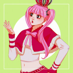 1girl blunt_bangs bow bowtie capelet circle crop_top crown green_background hair_tie highres long_sleeves looking_to_the_side lower_eyelashes_only one_piece open_mouth perona pink_bow pink_bowtie pink_hair solo tsukizawr twintails upper_body