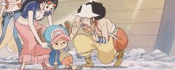 2boys 2girls animated anime_screenshot antlers black_hair boat breasts cleavage cropped_jacket denim eyewear_on_head facial_hair goatee goggles goggles_around_neck hat headphones high_heels horns jacket jeans lowres multiple_boys multiple_girls nami_(one_piece) nico_robin nico_robin_(return_to_sabaody) one_piece pants sarong short-sleeved_jacket short_sleeves sunglasses symbol-shaped_pupils tony_tony_chopper usopp watercraft white_hat x-shaped_pupils