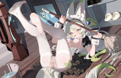 1girl absurdres animal_ear_fluff animal_ears bandaid bandaid_on_leg black_dress breasts bucket chinese_commentary cleft_of_venus clitoris commentary_request crossed_bandaids dress fallen_down feet green_eyes green_hair hair_between_eyes highres holding holding_mop indoors kele_mimi large_variant_set legs long_hair looking_at_viewer maid maid_headdress medium_breasts mop multicolored_hair nipples no_shoes open_mouth original pantyhose puffy_short_sleeves puffy_sleeves pussy short_sleeves soles solo streaked_hair tail tearing_up thighband_pantyhose toes tongue tongue_out two-tone_hair uncensored variant_set very_long_hair water white_hair white_pantyhose white_wrist_cuffs wooden_floor wrist_cuffs
