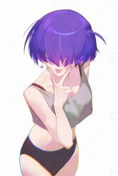 1girl ahoge bare_arms bare_shoulders black_panties chromatic_aberration closed_mouth colored_inner_hair crop_top crop_top_overhang facing_viewer grey_shirt hair_over_one_eye heart highres mara_(raneblu) multicolored_hair no_pants original panties purple_hair raneblu shirt short_hair simple_background solo standing tank_top tongue tongue_out underwear upper_body v v_over_mouth white_background