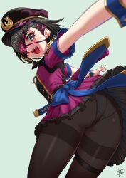 1girl ass black_hair black_hat black_pantyhose blush breasts dress eyepatch fate/grand_order fate_(series) glowing glowing_eye grey_eyes guriguri_(arayotto4351) hair_over_one_eye hat highres katana looking_at_viewer mysterious_ranmaru_x_(fate) open_mouth panties panties_under_pantyhose pantyhose peaked_cap purple_dress sharp_teeth short_hair short_sleeves small_breasts smile solo sword teeth thighband_pantyhose thighs underwear weapon white_background wrist_cuffs