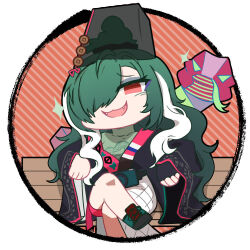 Rule 34 | 1girl, artist request, black gloves, black hat, black robe, chibi, chibi only, chinese commentary, crossed legs, fangs, fingerless gloves, girls&#039; frontline, girls&#039; frontline neural cloud, gloves, green hair, green shirt, hair over one eye, hat, looking at viewer, official art, on bench, open mouth, red eyes, robe, second-party source, shirt, sitting, smug, sparkle, taoism, white hair, zangyin (neural cloud)