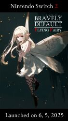 1girl 2025 absurdres airy_(bravely_default) bare_shoulders black_gloves black_shoes bravely_default:_flying_fairy bravely_default_(series) brown_eyes butterfly_wings copyright_name dress fairy fairy_wings faster_crisis gloves highres insect_wings long_hair pointy_ears shoes solo strapless strapless_dress white_dress white_hair white_wings wings