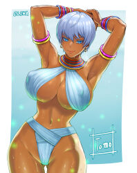 1girl absurdres armlet arms_behind_head arms_up artist_name bikini bikini_bottom_only blue_eyes blue_hair border bracelet breasts character_name closed_mouth commentary_request covered_erect_nipples curvy dark-skinned_female dark_skin earrings elena_(street_fighter) gluteal_fold hair_between_eyes highleg highres hoop_earrings jewelry large_breasts lips looking_at_viewer no_bra outside_border revealing_clothes seductive_smile see-through_silhouette shiny_skin short_hair short_sleeves signature smile solo street_fighter swimsuit thick_thighs thighs thong tomo_eokaiteru underwear very_dark_skin white_border wide_hips