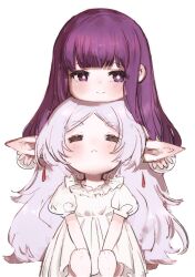 2girls =_= blush bright_pupils closed_mouth dress earrings elf fern_(sousou_no_frieren) floating_earrings frieren highres jewelry long_hair moku_(muooku) multiple_girls pointy_ears purple_eyes purple_hair short_eyebrows simple_background smile sousou_no_frieren teardrop_earrings thick_eyebrows white_background white_dress white_hair white_pupils