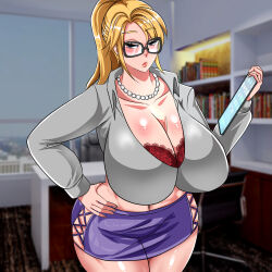 Rule 34 | 1girl, alternate costume, blonde hair, blue eyes, bra, breasts, cleavage, female focus, gear5, glasses, hand on own hip, holding, huge breasts, indoors, jewelry, looking down, metroid, midriff, miniskirt, navel, necklace, nintendo, pearl necklace, ponytail, samus aran, secretary, shirt, sidelocks, skirt, solo, solo focus, thick thighs, thighs, underwear, white shirt, wide hips