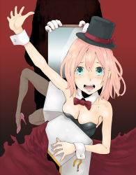 Rule 34 | 1girl, aqua eyes, assistant, bad id, bad pixiv id, bare shoulders, borrowed character, bow, bowtie, breasts, cleavage, detached collar, female focus, fishnet pantyhose, fishnets, hat, high heels, leotard, magic trick, magician, medium breasts, open mouth, original, pantyhose, pink hair, saw in half, solo, takagi (tansuke), tamaoki benkyou, tears, top hat, wrist cuffs