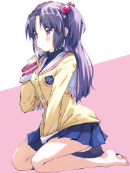 Rule 34 | 1girl, akayama yukihe, barefoot, blush, cardigan, clannad, commentary, feet, hair bobbles, hair ornament, highres, hikarizaka private high school uniform, ichinose kotomi, long hair, long sleeves, neckerchief, pink eyes, pleated skirt, purple hair, school uniform, serafuku, skirt, solo, turtleneck, two side up, wide sleeves