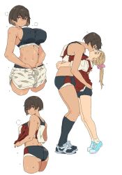 2girls age_difference buruma from_side full_body gym_uniform highres kei_(m_k) kiss looking_back m_k multiple_girls multiple_views onee-loli original petite ponytail rika_(m_k) short_hair tall_female tomboy track_uniform yuri