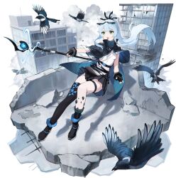 1girl :o absurdres ammunition_pouch ankle_socks apron arm_up asymmetrical_legwear belt belt_around_waist belt_pouch bird black_belt black_boots black_cape black_capelet black_feathers black_gloves black_skirt black_socks black_thighhighs blue_belt blue_cape blue_capelet blue_hair blue_thighhighs boots bracelet breasts buckle building cape capelet character_request city collared_cape collared_capelet commentary diorama dot_nose double-parted_bangs english_commentary feather_hair_ornament feathers feet_up fingerless_gloves floating floating_cape floating_clothes floating_hair flying full_body furrowed_brow gloves green_eyes hair_between_eyes hair_intakes hair_ornament high-waist_skirt high_ponytail highres holding holding_staff indie_virtual_youtuber jewelry knees_together_feet_apart leaning_back legband long_eyelashes long_hair long_sidelocks looking_ahead loose_belt mage_staff magic miniskirt open_hand open_mouth pavement pleated_skirt pointing_melee_weapon ponytail pouch quilted_cape quilted_capelet rebar rubble ruins see-through_capelet see-through_clothes shadow shirt sidelocks simple_background single_thighhigh skindentation skirt sleeveless sleeveless_shirt small_breasts smoke snap-fit_buckle socks solo staff stone_wall teeth thick_eyelashes thigh_strap thighhighs thighs turtleneck two-sided_cape two-sided_capelet two-sided_fabric two-tone_capelet two-tone_thighhighs upper_teeth_only v-shaped_eyebrows vertigris virtual_youtuber waist_apron white_apron white_background white_shirt