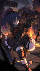 Rule 34 | 1girl, absurdres, animal ears, arknights, black choker, black gloves, black jacket, black shorts, blue hair, blush, boots, brown boots, brown socks, cat ears, cat girl, cat tail, choker, commentary request, foot out of frame, gloves, green eyes, gun, handgun, headset, highres, holding, holding gun, holding weapon, jacket, jessica (arknights), knee pads, kourou (kouroukun), long sleeves, one eye closed, open clothes, open jacket, outdoors, parted lips, ponytail, short hair, short ponytail, shorts, socks, solo, standing, standing on one leg, tail, thick eyebrows, weapon