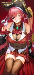 Rule 34 | 1girl, bare shoulders, black hat, breasts, brown thighhighs, commentary request, covered navel, cropped jacket, eyecatch, hair ornament, hair ribbon, hat, highres, hololive, houshou marine, houshou marine (1st costume), jacket, kobayashi (jna x rgh), large breasts, leotard, leotard under clothes, looking at viewer, pirate hat, red eyes, red hair, red ribbon, red skirt, ribbon, skirt, sleeveless, sleeveless jacket, smile, solo, thighhighs, twintails, virtual youtuber, zettai ryouiki