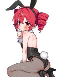 1girl alternate_costume animal_ears bare_shoulders black_leotard black_shoes blush buttoned_cuffs buttons drill_hair fake_animal_ears fishnet_pantyhose fishnets hand_on_own_chin hand_up high_heels highres kasane_teto leotard looking_at_viewer pantyhose parted_lips playboy_bunny rabbit_ears rabbit_tail red_eyes red_hair shoes sitting solo strapless strapless_leotard tail twin_drills utau vvv_fnk white_background wrist_cuffs