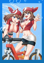 1girl :d absurdres bandana bicycle bike_shorts_under_skirt blue_border blue_eyes blush border breasts brown_hair collared_shirt commentary_request els_(ljhlee12) hand_up highres knees may_(pokemon) multiple_views navel nintendo open_mouth outline partially_unzipped pokemon pokemon_rse red_bandana red_shirt riding riding_bicycle shirt short_sleeves sitting skirt smile sweat white_skirt
