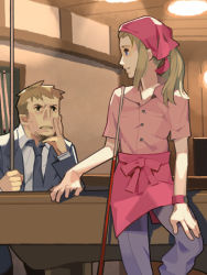 1boy 1girl apron bandana blonde_hair blue_eyes brown_hair cing claire_reagan formal_clothes grey_eyes hotel_dusk kyle_hyde last_window long_hair necktie short_hair smile suit sweatdrop watch wristwatch