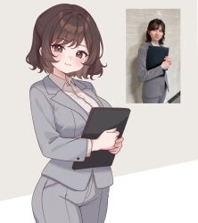 Rule 34 | 1girl, araki saori, blazer, blush, breasts, brown eyes, business suit, collared shirt, commentary, dress shirt, english commentary, formal clothes, grey jacket, grey pants, half updo, holding board, jacket, lapels, large breasts, long sleeves, looking at viewer, medium hair, moshiedraws, notched lapels, office lady, pants, photo inset, pout, real life, reference inset, shirt, solo, suit, suit jacket, white shirt