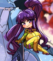 artist_name ayanobro blush breasts chibi cockpit eiken eva_02 highres large_breasts long_hair mecha_pilot_suit misono_kirika neon_genesis_evangelion plugsuit_(evangelion) ponytail purple_eyes purple_hair sitting smile very_long_hair