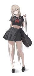 1girl absurdres arm_behind_back bag bare_legs black_serafuku black_shoes blush breasts commentary cropped_shirt duffel_bag full_body grey_hair head_tilt highres holding holding_bag laneigu loafers long_hair looking_at_viewer midriff miniskirt necktie original pleated_skirt racket red_necktie school_uniform see-through_silhouette serafuku shoes short_sleeves simple_background skirt small_breasts smile solo tennis_racket twintails very_long_hair white_background