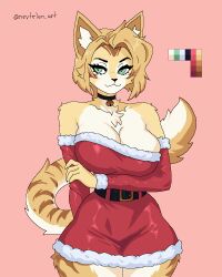 1girl :3 animal_ear_fluff animal_ears arm_under_breasts bell belt belt_buckle black_belt black_choker blonde_hair body_fur breasts buckle bursting_breasts cat_ears cat_girl cat_tail choker claws cleavage collar color_guide cowboy_shot dress fur_trim furry furry_female green_eyes half-closed_eyes hand_on_own_arm jingle_bell large_breasts looking_at_viewer neck_bell nevtelen parted_bangs pink_background ponytail pulchra_fellini red_dress santa_costume santa_dress seductive_smile simple_background slit_pupils smile snout solo tail thighs twitter_username watermark white_fur wide_hips yellow_fur zenless_zone_zero