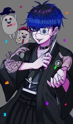 1boy black_hair blue_eyes blue_hair brain bridge_piercing collar collarbone confetti earrings eyepatch face_piercing fingernails grey_background heart highres holding holding_knife holding_weapon japanese_clothes jewelry knife lip_piercing looking_at_viewer matching_hair/eyes multicolored_hair nigou_(hundred_line) omokage_yugamu one_eye_covered piercing simple_background sirei_(hundred_line) the_hundred_line_-last_defense_academy- weapon