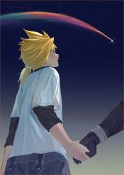 2boys aged_down black_gloves blonde_hair blue_eyes cloud_strife final_fantasy final_fantasy_vii gloves highres holding_hands long_sleeves looking_up male_focus multiple_boys night night_sky open_mouth ponytail sephiroth shirt shooting_star shorts sky spiked_hair star_(sky) t-shirt tangxhzhyf white_shirt yaoi