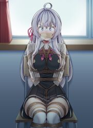 1girl 1other ahoge alisa_mikhailovna_kujou angry arms_behind_back bdsm between_breasts between_legs black_shirt black_skirt blush bondage bound bound_arms bound_breasts bound_legs bound_torso breast_bondage breasts breath brown_jacket bt_(3212637) chair classroom clenched_hand clenched_hands collared_shirt crotch_rope crying crying_with_eyes_open duct_tape embarrassed gag gagged glaring hair_between_eyes hair_ornament hair_ribbon highres improvised_gag indoors jacket legs legs_together long_hair looking_ahead looking_at_another looking_at_viewer looking_down medium_breasts motion_lines multicolored_hair open_mouth panties pleated_skirt purple_eyes purple_hair ribbon rope school_chair school_uniform seiren_academy_school_uniform shirt skin_tight skindentation skirt tape tape_gag tearing_up tears textless_version thighhighs thighs tokidoki_bosotto_roshia-go_de_dereru_tonari_no_alya-san tongue two-tone_hair underwear upskirt very_long_hair white_hair white_panties white_shirt white_thighhighs window