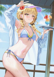 Rule 34 | 1girl, bare legs, bikini, black bow, blonde hair, blue bikini, blue shirt, blue sky, blunt bangs, blush, bow, braid, breasts, commentary request, cowboy shot, day, dress shirt, drinking straw, flower, front-tie bikini top, front-tie top, fujita kotone, gakuen idolmaster, grin, hair bow, hair flower, hair ornament, hibiscus, highres, holding, holding plate, idolmaster, long sleeves, low twin braids, multi-strapped bikini bottom, multi-strapped bikini top, nail polish, navel, open clothes, open shirt, outdoors, plate, red flower, shirt, side-tie bikini bottom, sideboob, sky, small breasts, smile, solo, standing, summer, swimsuit, tropical drink, twin braids, underboob, v, wds666, white visor, yellow eyes, yellow nails