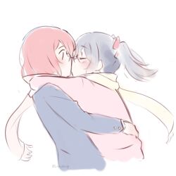2girls black_hair black_jacket blush closed_eyes commentary hand_on_another&#039;s_waist highres jacket kiss love_live! love_live!_school_idol_project medium_hair missladysheep multiple_girls nishikino_maki pink_jacket red_hair scarf simple_background twintails twitter_username white_background yazawa_nico yellow_scarf yuri