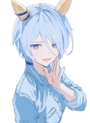 1girl animal_ears blue_eyes blue_hair blue_shirt breast_pocket cocontoozai collared_shirt ear_covers hair_between_eyes hair_over_one_eye hand_to_own_mouth horse_ears horse_girl k.s.miracle_(umamusume) looking_at_viewer open_mouth pocket shirt simple_background solo umamusume upper_body white_background