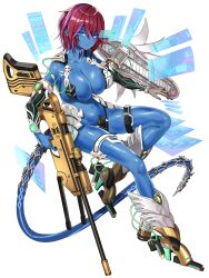 1girl aiz_gunafari armor blue_eyes blue_skin boots breasts colored_skin dairoku_ryouhei ear_piercing earclip gun hair_between_eyes highres holding holding_gun holding_weapon holographic_interface large_breasts multicolored_hair navel piercing purple_hair red_hair sitting solo streaked_hair thigh_strap transparent_background tyrone weapon