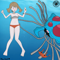 1girl artist_logo artist_name bad_end barefoot bikini bikini_bottom_only blue_eyes breasts brown_hair clenched_hands collarbone convenient_censoring eyelashes fankifalu feet fingernails gen_1_pokemon hands_up heart heart-shaped_pupils highres imminent_rape knees_together_feet_apart legs logo may_(pokemon_oras) medium_hair navel neck nintendo ocean outdoors pervert pokemon pokemon_(creature) pokemon_oras ponytail restrained short_ponytail sidelocks small_breasts swept_bangs swimsuit symbol-shaped_pupils tentacles tentacruel thighs toenails toes underboob underwater unworn_bikini_top