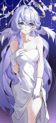 1girl absurdres bare_shoulders blue_hair breasts collarbone dress evzeva gloves green_eyes halo head_wings highres honkai:_star_rail honkai_(series) large_breasts long_hair looking_to_the_side robin_(honkai:_star_rail) solo thighs white_dress white_gloves wings
