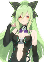 1girl absurdres bare_shoulders blush breasts buran_buta cleavage clothing_cutout detached_collar dress elbow_gloves gloves green_hair hakozaki_chika highres long_hair looking_at_viewer medium_breasts navel navel_cutout neptune_(series) red_eyes smile thighhighs
