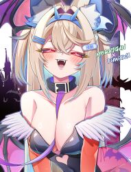 1girl absurdres bare_shoulders bat_(animal) black_collar black_leotard blonde_hair blue_hair blush breasts castle cleavage collar collarbone cosplay darkstalkers demon_wings doom_yorusen fangs fuwawa_abyssgard hairband head_wings highres hololive hololive_english large_breasts leash leotard long_hair morrigan_aensland morrigan_aensland_(cosplay) multicolored_hair open_mouth pantyhose pink_eyes print_pantyhose purple_pantyhose solo spiked_hairband spikes streaked_hair two-tone_hair two_side_up upper_body virtual_youtuber wings