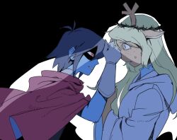1girl 1other antlers blonde_hair blue_hair blue_skin cape colored_skin commentary_request crown_of_thorns deer_antlers deer_girl deltarune from_side furry furry_female highres horns korean_commentary kris_(deltarune) long_hair noelle_holiday partially_shaded_face pink_cape see-through_clothes see-through_veil short_hair small_sweatdrop smile ttudolee veil
