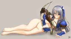 Rule 34 | 1girl, armor, azure (armor), barefoot, blue eyes, bottomless, breasts, feet, fingerless gloves, gloves, gun, hair ribbon, holding, holding weapon, long hair, lying, monster hunter (series), on side, open clothes, open shirt, puffy short sleeves, puffy sleeves, ribbon, short sleeves, silent sakia, third-party edit, toes, weapon, white hair