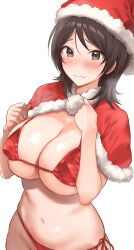 Rule 34 | 1girl, amagami, bikini, black eyes, blush, breasts, brown hair, capelet, cleavage, commentary request, embarrassed, fur-trimmed capelet, fur trim, hat, highres, large breasts, looking at viewer, navel, open mouth, red bikini, red capelet, red hat, santa bikini, santa costume, santa hat, serizawa (serizawaroom), short hair, side-tie bikini bottom, simple background, skindentation, smile, solo, swimsuit, takahashi maya, white background