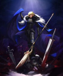 1boy armor battlefield black_armor blonde_hair blood blue_cape cape commentary_request dimitri_alexandre_blaiddyd dimitri_alexandre_blaiddyd_(timeskip) eyepatch fire_emblem fire_emblem:_three_houses fur-trimmed_cape fur_trim gauntlets highres holding holding_polearm holding_weapon light_particles light_rays male_focus medical_eyepatch naxu nintendo polearm short_hair skull solo sunbeam sunlight sword weapon