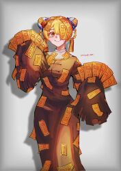 1girl artist_name blonde_hair braid braided_hair_rings breasts brown_dress bun_cover chinese_clothes commentary don_quixote_(project_moon) double_bun dress e.g.o_(project_moon) english_commentary feet_out_of_frame flower grey_background hair_bun hair_flower hair_ornament hair_rings highres limbus_company long_sleeves looking_at_viewer one_eye_covered project_moon red_sheet_(e.g.o) shadow simple_background sleeves_past_fingers sleeves_past_wrists smile solo verdandi_009 yellow_eyes